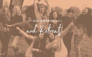 Image of women grouping together at womens circle and womens retreats with overlaid text "our offerings and retreat"