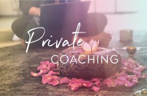 Image of computer on woman's lap while she works on a womens business mastermind with overlaid text "Private Coaching"