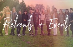 Group of women ad womens empowerment embodied leadership event training with overlaid text "Retreats and Events"