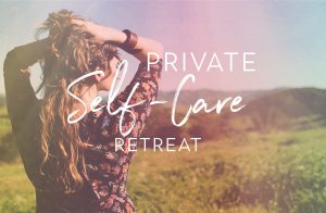 Woman standing looking out at field with overlaid text "Private self-care retreat"